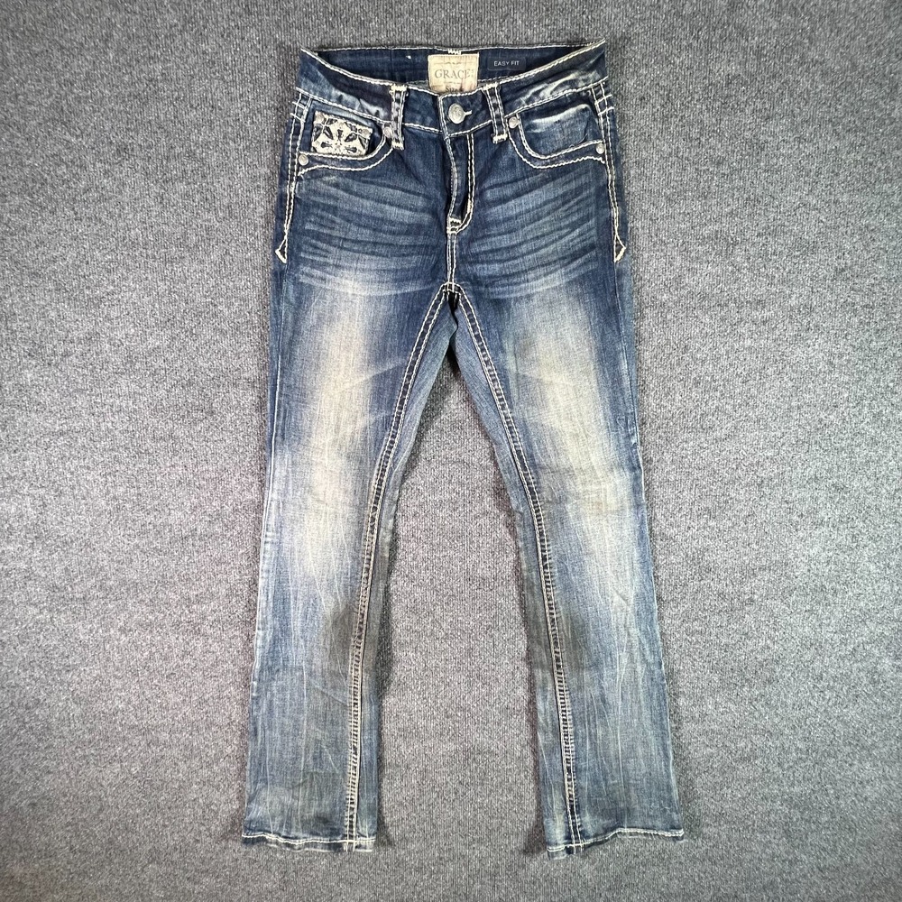 Grace In LA Women's 26x30 Bootcut Jeans Blue Embroidered Faded Stretch Denim